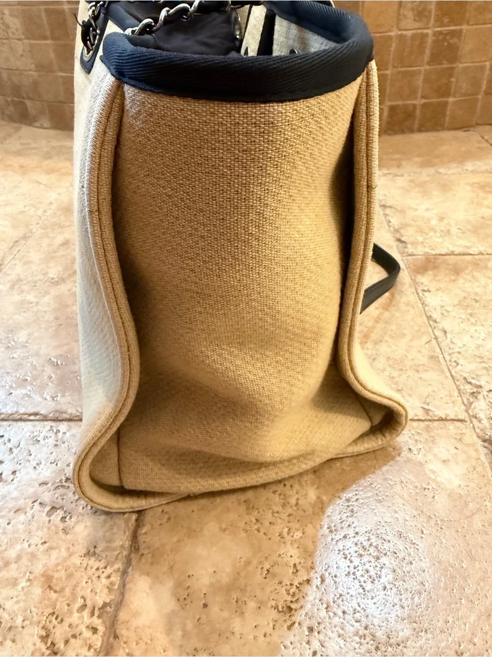 CHANEL small Beige Canvas Logo Tote with Black Trim and Chain Straps - Picture 4 of 16